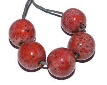 Ceramic Bead Set Deep Pink Speckled Handmade 12mm