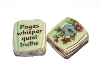 Ceramic Book Bead Focal Handmade Rustic Floral Quote Word Sculpture Porcelain 22mm