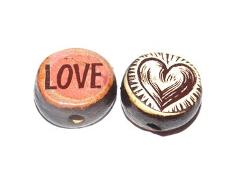 1 Ceramic Love Double Sided Quote Bead Porcelain Handmade 13mm BB4-1