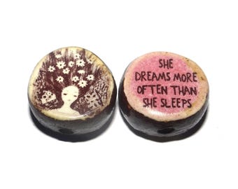 1 Ceramic Dreamer Double Sided Quote Bead Porcelain Handmade 13mm BB6-3