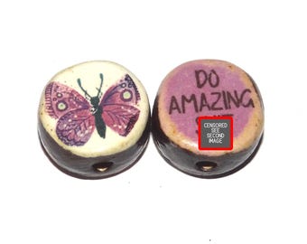 1 Ceramic Double Sided Quote Bead Porcelain Handmade Adult 19mm BB2-2