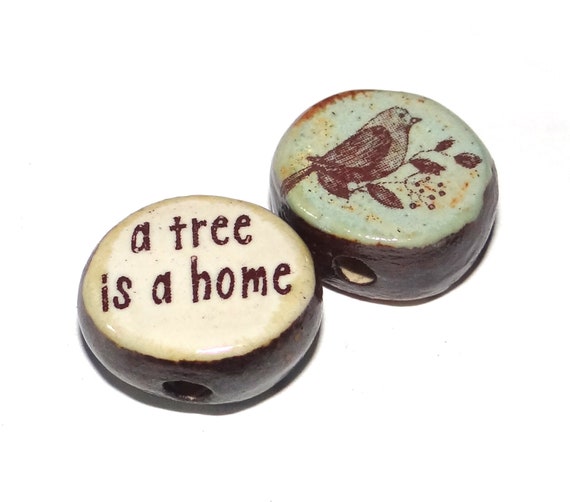1 Ceramic Double Sided Quote Bead Porcelain Handmade 18mm Bird