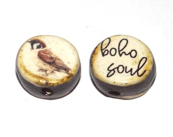 1 Ceramic Double Sided Quote Bead Porcelain Handmade 15mm BB6-2
