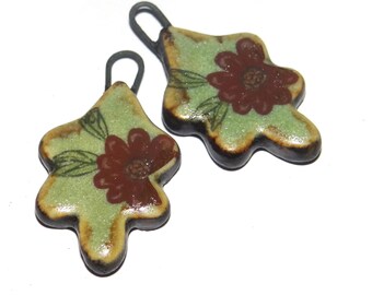 Ceramic Leaf Floral Patterned Charms Earring Bead Pair 30mm CC2-2