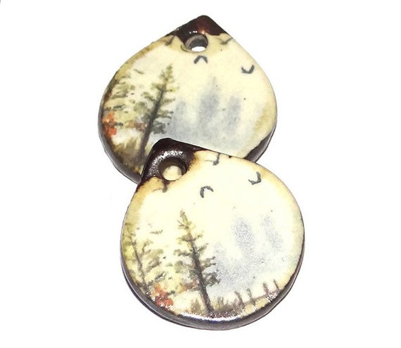 Ceramic Landscape Earring Charms Pair Beads Handmade Rustic 18mm/0.7" CC3-2