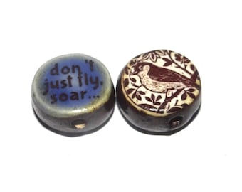 1 Ceramic Bird Double Sided Quote Bead Porcelain Handmade 13mm BB5-1