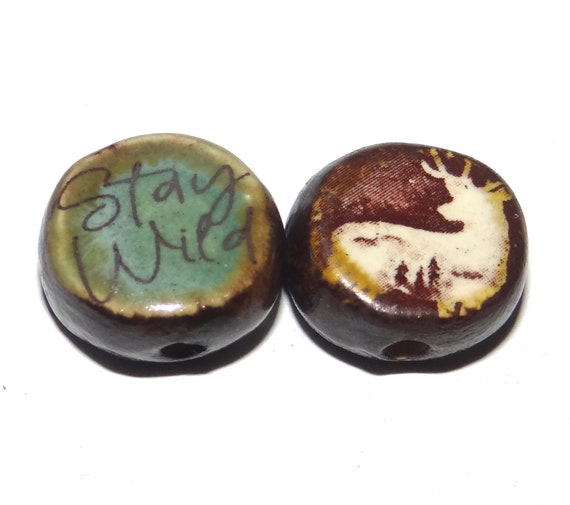 1 Deer Ceramic Double Sided Quote Bead Porcelain Handmade 15mm PP6-1