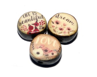 Ceramic Floral Word Beads Porcelain Handmade 14mm CC2-4