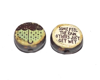 1 Ceramic Rain Forest Double Sided Quote Bead Porcelain Handmade 13mm BB5-2