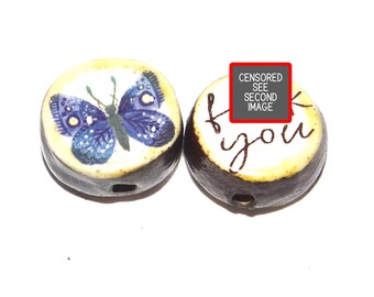 1 Ceramic Double Sided Quote Bead Porcelain Handmade  15mm PP3-1
