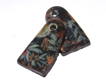 Ceramic Floral Patterned Rustic Charms Beads Pair Porcelain 24mm PP2-4