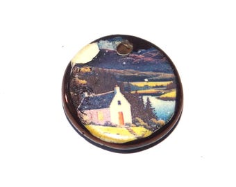 Ceramic Highlands Cottage Loch Scottish Pendant Charm Handmade Focal Porcelain 18mm PP9-4