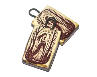 Ceramic Forest Woman Charms Beads Pair Porcelain 21mm CC2-1