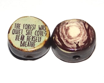 1 Ceramic Forest Double Sided Quote Bead Porcelain Handmade 15mm BB4-3