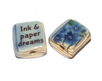 Ceramic Book Bead Focal Handmade Rustic Floral Quote Word Sculpture Porcelain 22mm