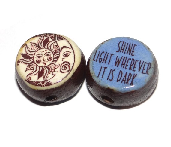 1 Ceramic Double Sided Quote Bead Porcelain Handmade 18mm Moon Sun PP6-1