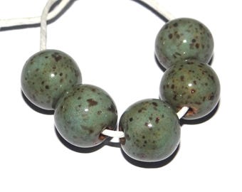 Ceramic Copper Patina Bead Set Speckled Handmade Porcelain 14mm