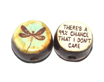 1 Ceramic Dragonfly Double Sided Quote Bead Handmade 13mm BB4-4