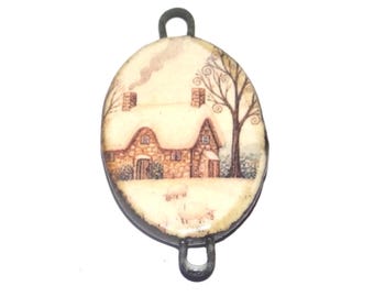 Ceramic Snowy Cottage Pendant Handmade Focal Porcelain 30mm CC4-2