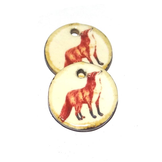 Ceramic Fox Earring Charms Pair Beads Handmade Rustic 18mm/0.7" CC2-3