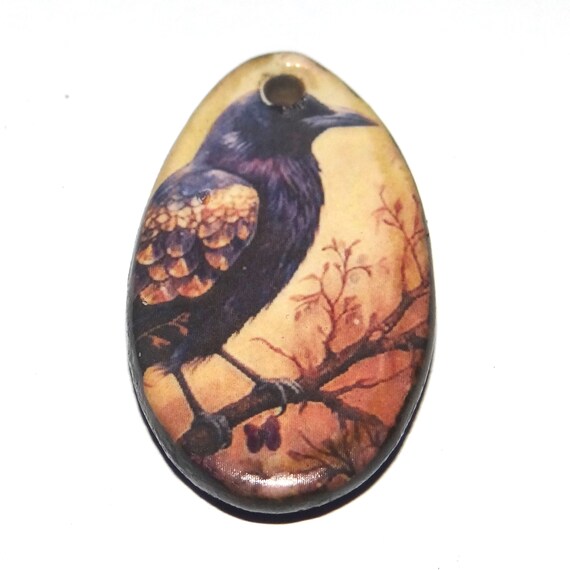 Ceramic Crow Pendant Handmade Focal Porcelain 30mm CC7-2