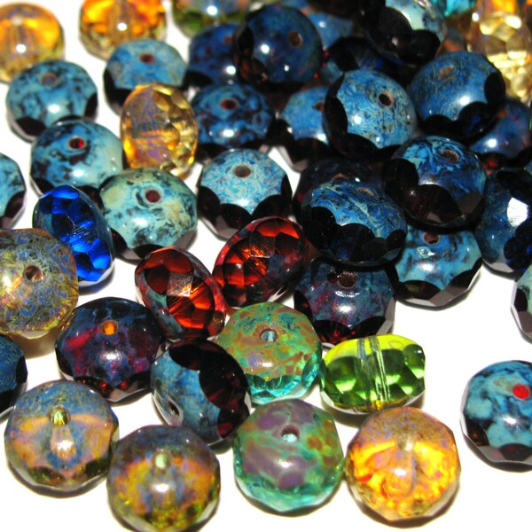 14 Czech Glass 11mm Gemstone Donut Multi Color Picasso Finish Red Blue Green Yellow