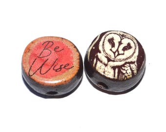 1 Ceramic Double Sided Quote Bead Porcelain Handmade 15mm BB6-4