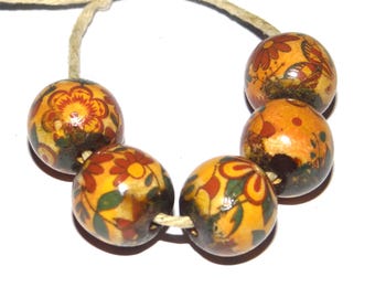 Ceramic Floral Bead Set Handmade Porcelain 14mm