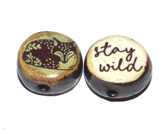 1 Ceramic Fox Two Sided Quote Bead Porcelain Handmade 15mm BB5-2