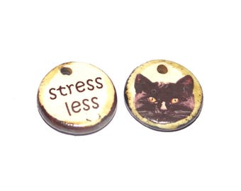 Ceramic Charms Quote Cat Small Pendant Porcelain Handmade 15mm CC2-3