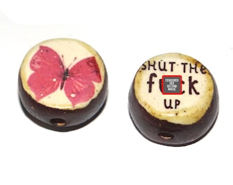 1 Ceramic Adult Two Sided Quote Bead Butterfly Porcelain Handmade  20mm PP5-1