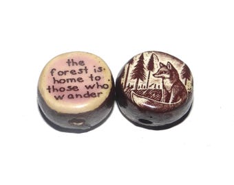 1 Ceramic Fox Double Sided Quote Bead Porcelain Handmade 13mm BB5-4