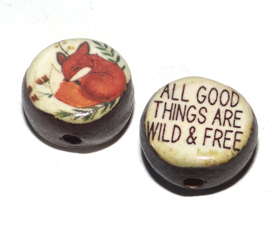 1 Ceramic Double Sided Quote Bead Porcelain Handmade 20mm Fox PP4-2
