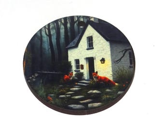 Wooden Two Sided Cottage Fox Pendant Handmade 30mm MM10-1