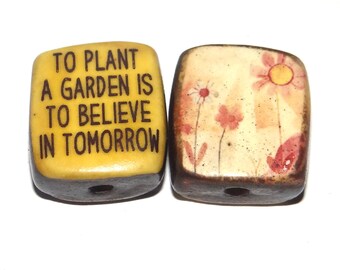 1 Ceramic Flower Bead Two Sided Quote Beads Porcelain Handmade  20mm