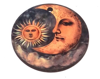 Wooden Two Sided Moon Sun Pendant Porcelain Handmade 30mm MM10-4