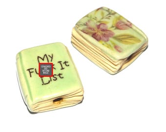 Ceramic Book Bead Focal Handmade Rustic Floral Quote Word Sculpture Porcelain 22mm BB9-3