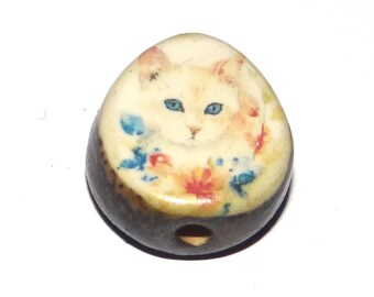 Ceramic Cat Focal Bead Handmade Pottery Beads 20mm BB7-1
