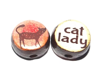 1 Ceramic Cat Double Sided Quote Bead Handmade 13mm BB3-2
