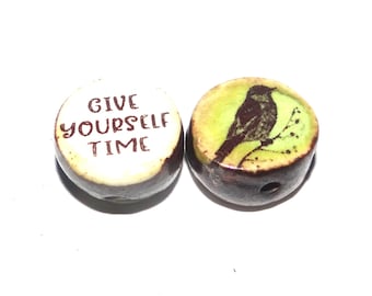 1 Ceramic Bird Self Care Double Sided Quote Bead Porcelain Handmade 13mm BB4-3
