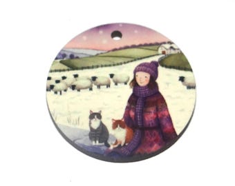 Wooden Two Sided Cat Winter Snow Pendant Handmade 30mm MM6-4