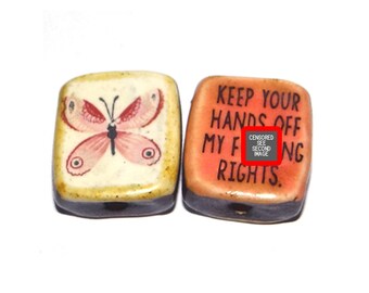 1 Ceramic Butterfly Bead Two Sided Quote Bead Porcelain Handmade  22mm PP9-4