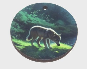 Wooden Two Sided Wolf Pendant Porcelain Handmade 30mm MM10-4