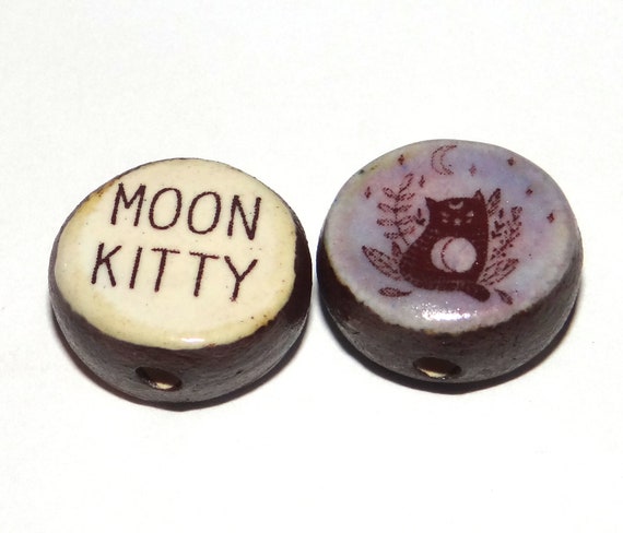 1 Ceramic Double Sided Quote Bead Porcelain Handmade 18mm Moon Kitty PP6-1