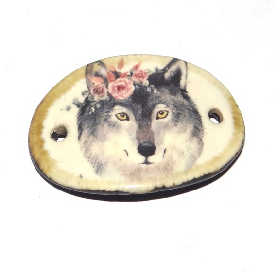 Ceramic Wolf Bracelet Bar Cuff Porcelain 30mm CC4-2