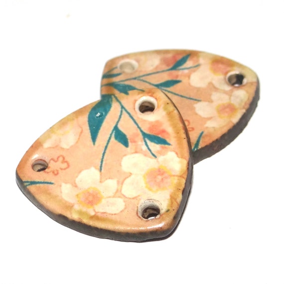 Ceramic Floral Rustic Charms Beads Pair Porcelain 25mm CC3-3