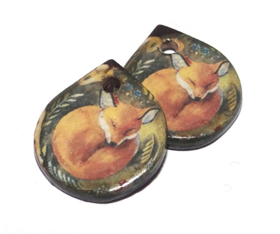 Ceramic Fox Earring Charms Pair Beads Handmade Rustic 20mm/0.8" CC2-1