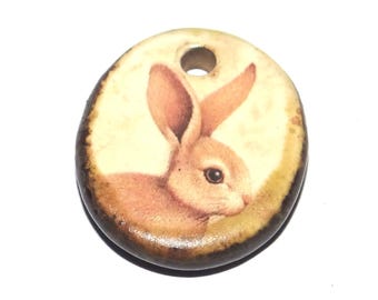 Small Ceramic Rabbit Pendant Charm Handmade Focal Porcelain 20mm BB7-3