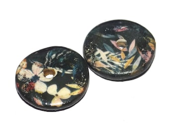 Ceramic Floral Patterned Disk Charms Beads Pair Porcelain 15mm CC2-3