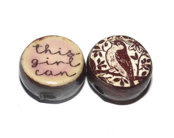 1 Ceramic Bird Double Sided Quote Bead Porcelain Handmade 13mm BB4-2